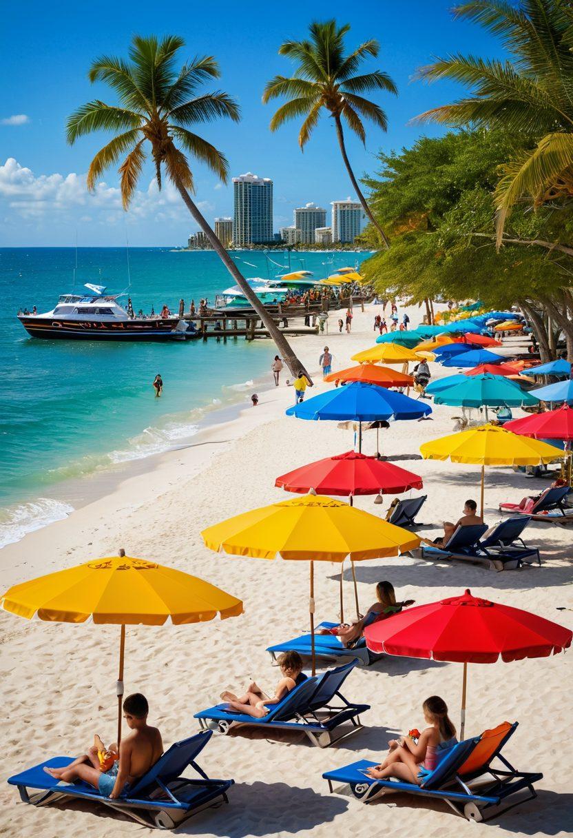 A lively scene showcasing families enjoying various activities in Fort Lauderdale, with children playing at a beach, parents lounging under colorful umbrellas, and a vibrant boardwalk filled with food stalls. In the background, iconic palm trees and yachts sail along the azure coast, capturing the sunny, joyful atmosphere. Include playful dolphins leaping in the water, and bright beach toys scattered around. vibrant colors. super-realistic.