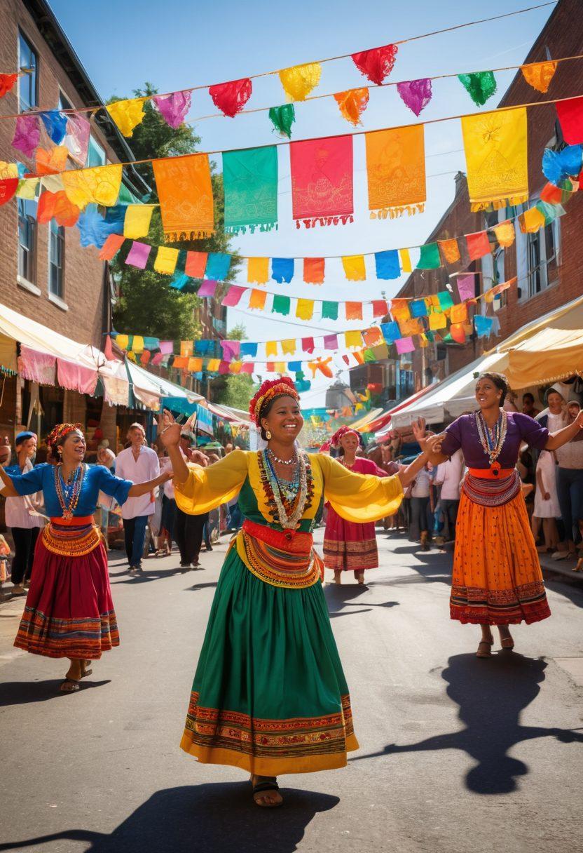 A vibrant street festival scene showcasing diverse community members engaging in traditional dances, local foods, and artisan crafts. Colorful banners and decorations fill the background, with lively music notes floating in the air. Families, friends, and performers interact joyfully, highlighting a sense of unity and cultural pride. The atmosphere is warm and inviting, capturing the essence of local celebrations. vibrant colors. 3D.