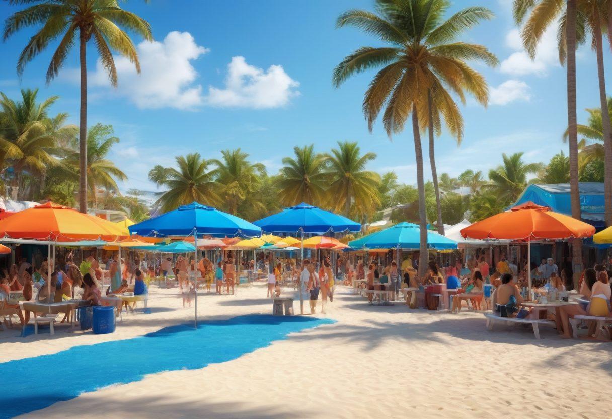 A vibrant beach scene in Fort Lauderdale, showcasing families enjoying playful water activities, colorful umbrellas, and lively beach volleyball. In the background, a festive community celebration with local art, music, and food booths. Bright blue skies and lush palm trees create a joyful atmosphere. super-realistic. vibrant colors. 3D.